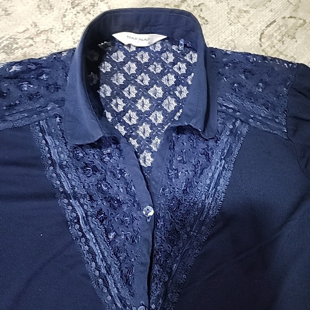 Naf Naf Button‎ Up Shirt Blue Lace Long Sleeve Western Cowgirl Country M - Picture 3 of 8